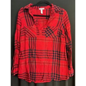 Women's Red Plaid Liz Lange Maternity Shirt Size M